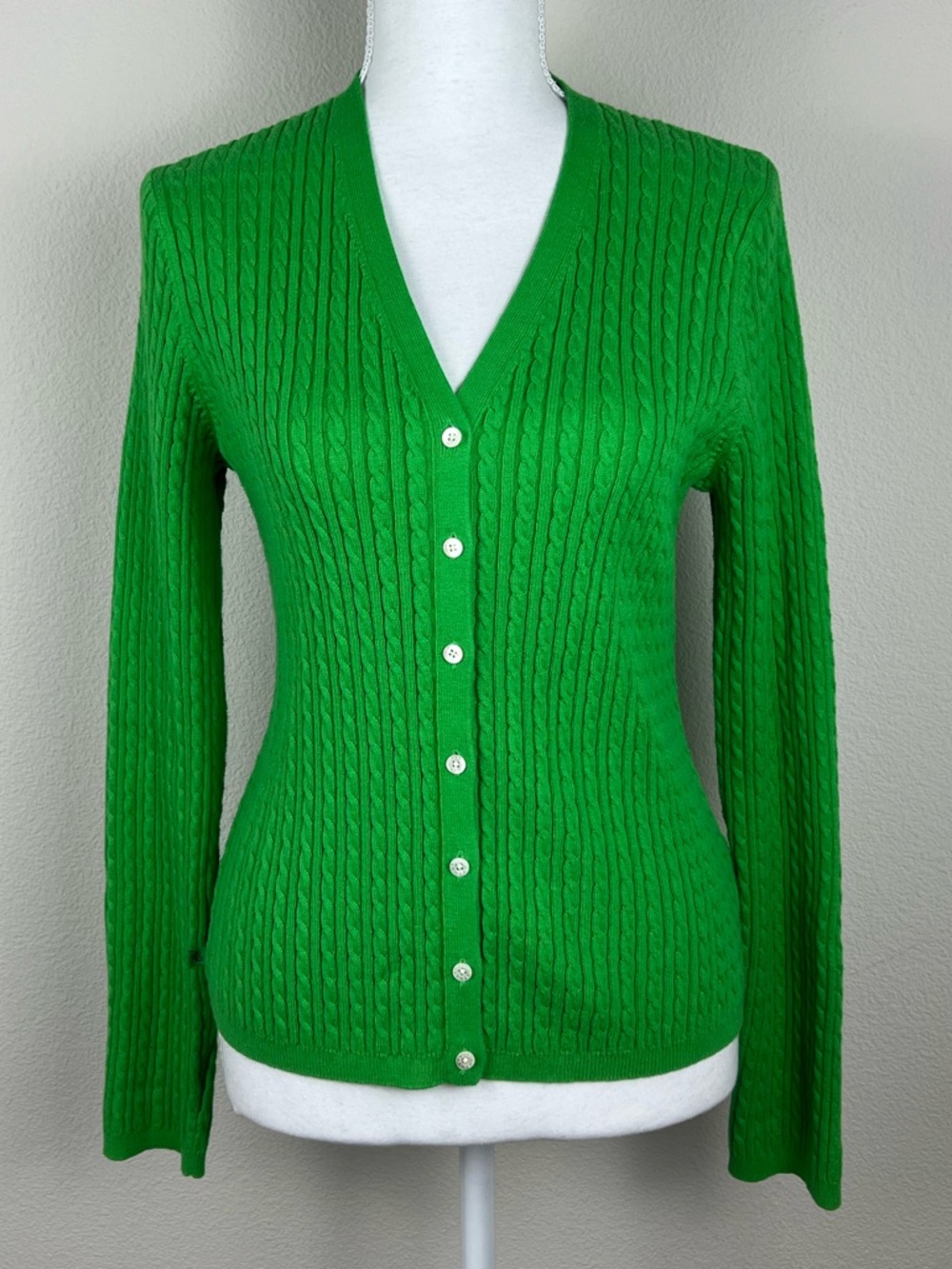 Lauren Ralph Lauren Cable Knit Cardigan Size S Green Button Sweater Old Money